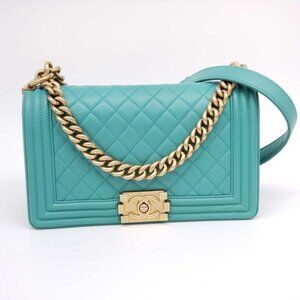 100%  Authentic CHANEL Boy Green Leather Shoulder Bag 2650-082825
